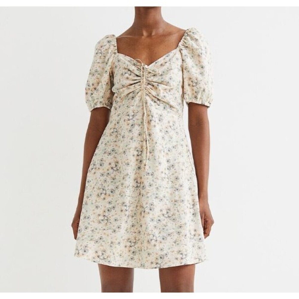 H&M Cream Floral Printed Linen-Blend Dress Puff Sleeve XS